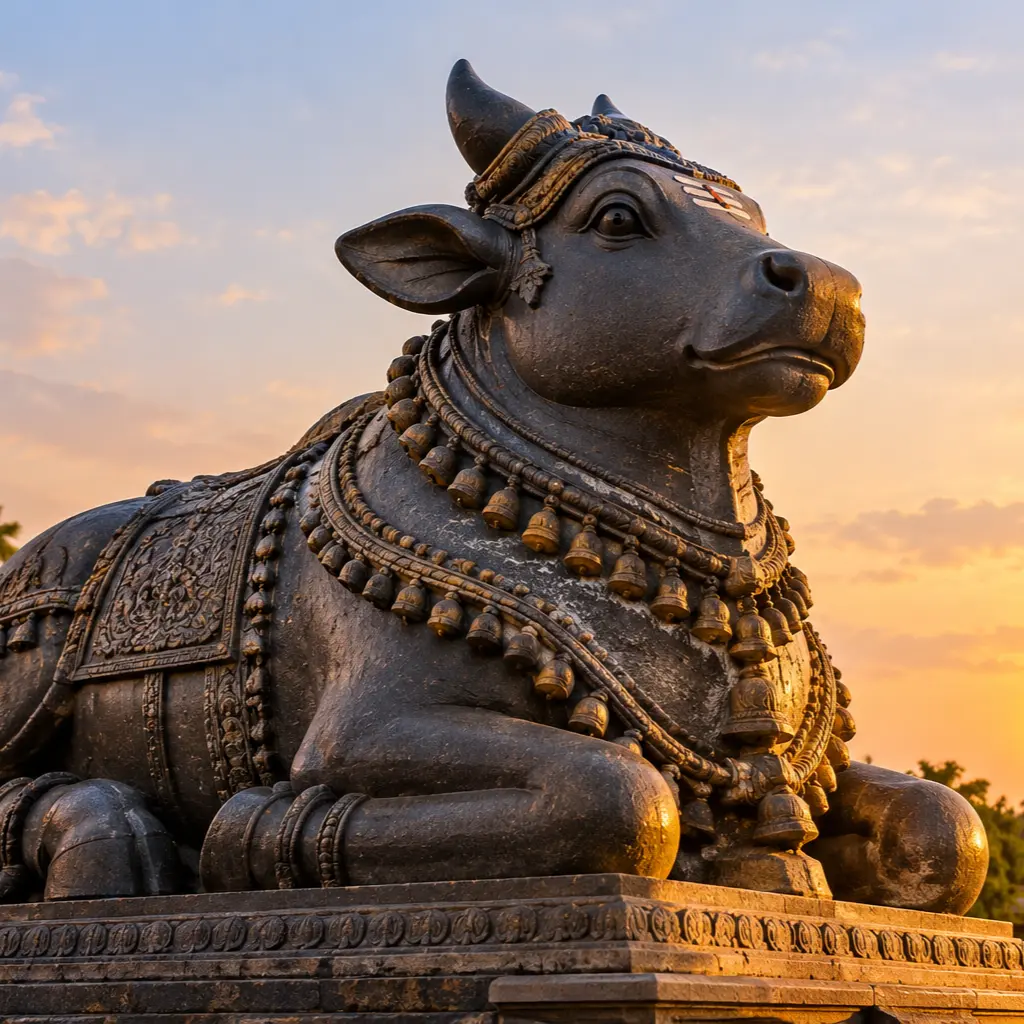Majestic Nandi at Golden-Hour Temple