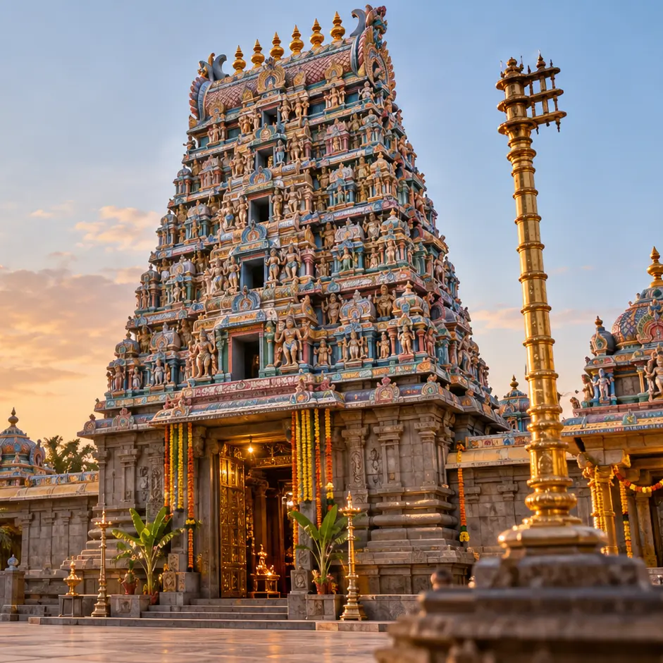 Golden Sunset Over a South Indian Temple